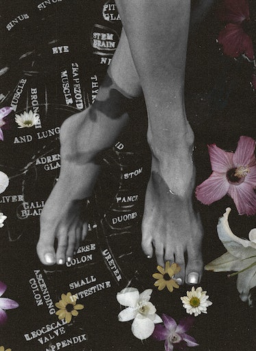 a women's feet against a reflexology foot graph and flowers